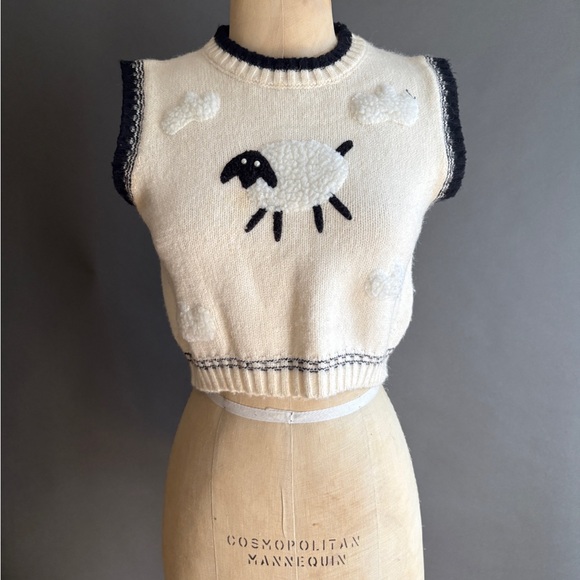 Cider Tops - Cider Cream Knit Sheep Cropped Sweater Vest with Black Trim